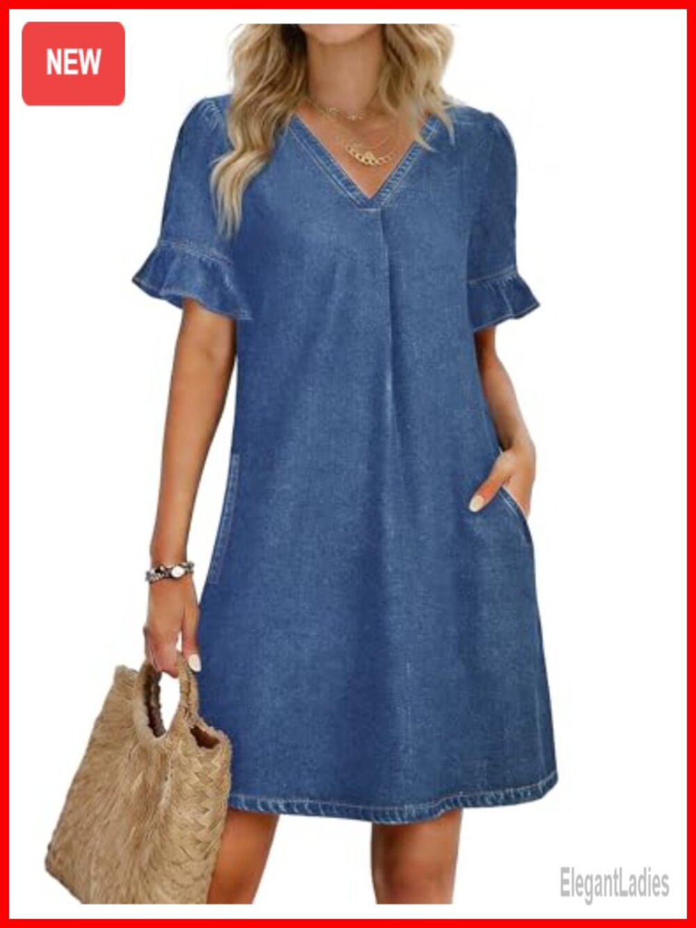 Denim Dress Ruffle Sleeve Jean Mini Dress with Pockets